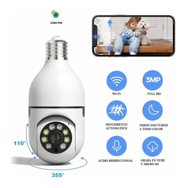 Cámara Seguridad Inteligente 360° Tipo Foco con Visión Nocturna
